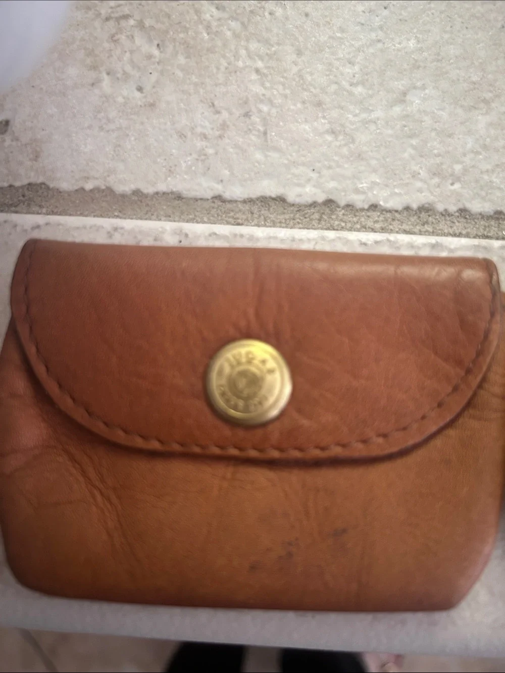 Neiman Marcus Brown Leather Coin Pouch with Black and Brown Pendant Compacts